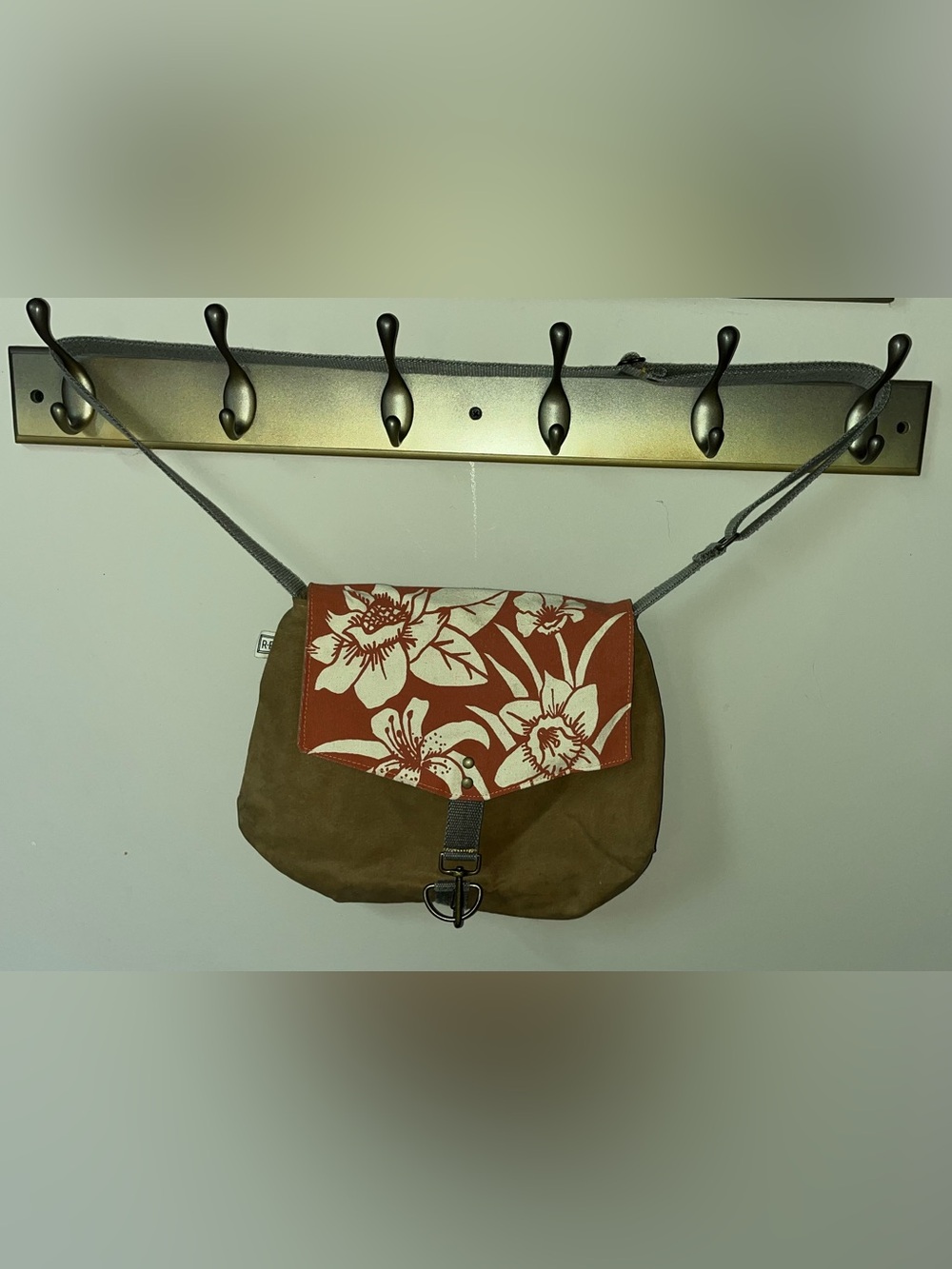 Canvas Floral Flap Crossbody Bag in Rust and Brown
